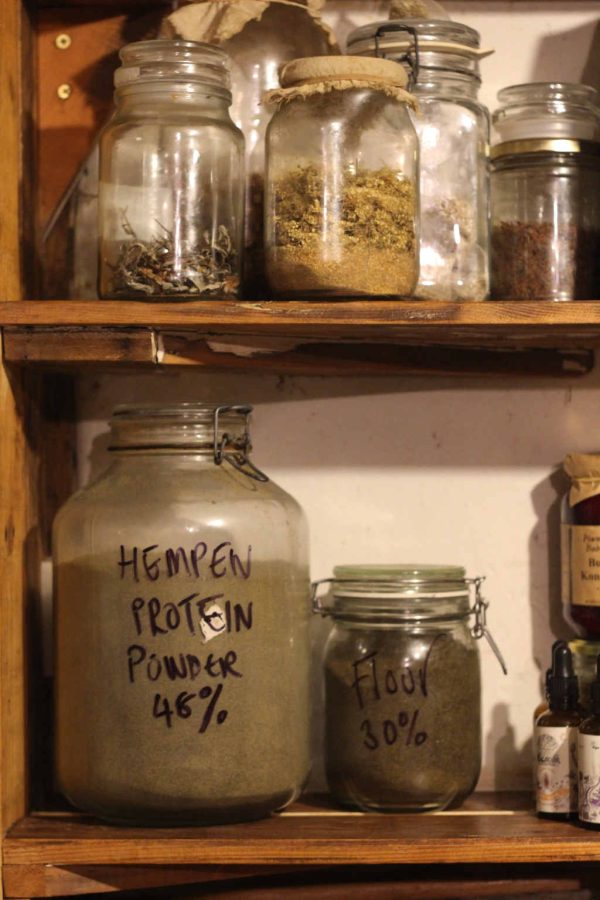 hemp protein and flour close up two shelves